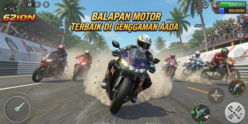 Screenshot gameplay 62IDN yang menampilkan aksi balapan motor yang intens.