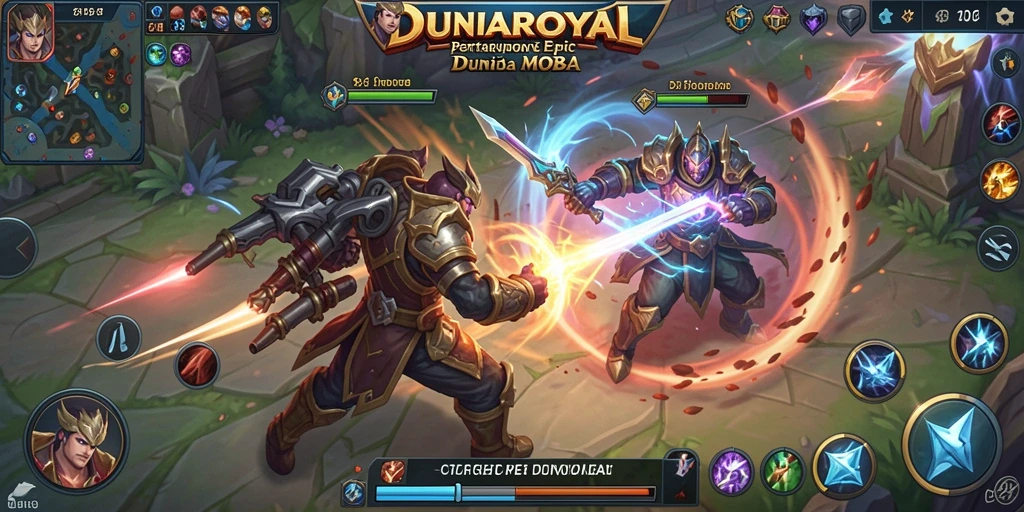 Gameplay seru dalam DUNIAROYAL dengan aksi MOBA yang mendebarkan.